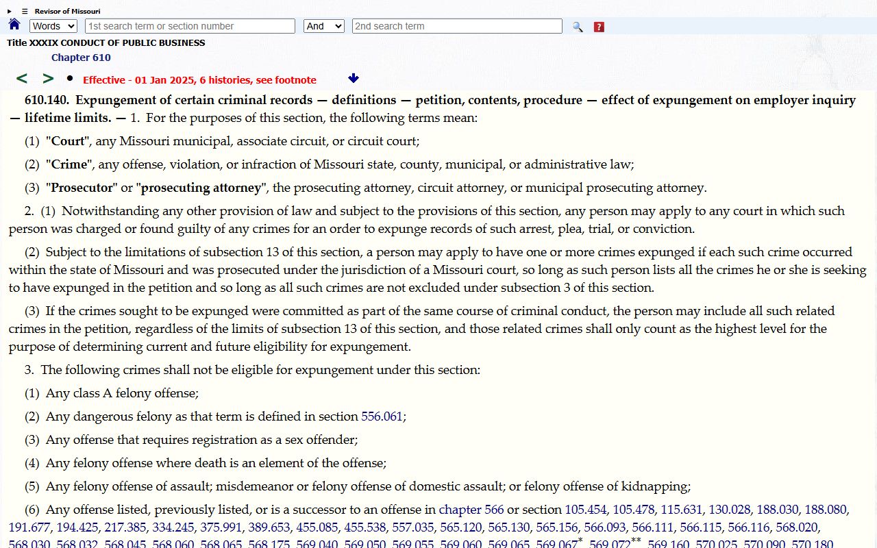 Missouri expungement law RSMo 610.140 for felony records