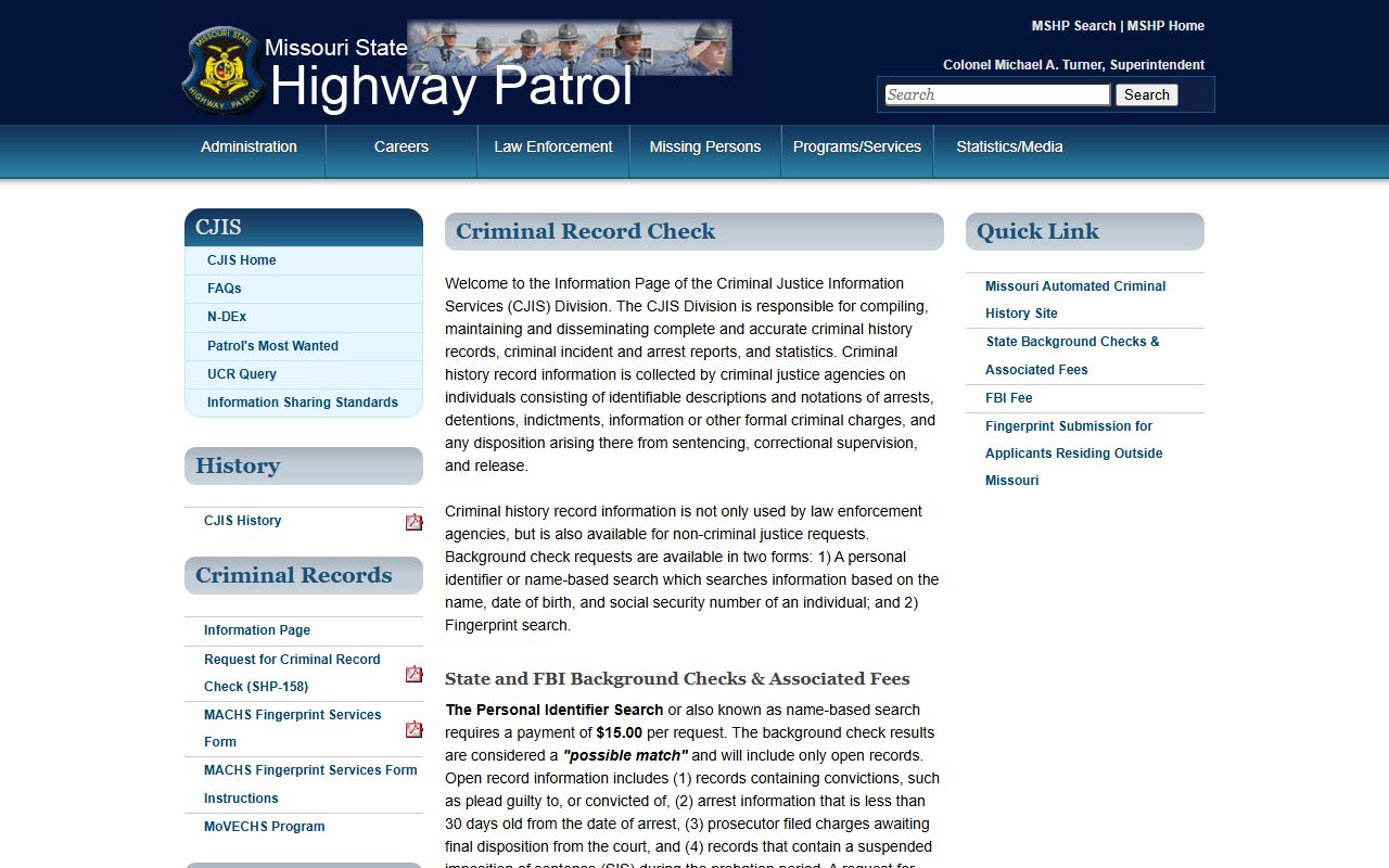 Missouri State Highway Patrol criminal record check page for felony records
